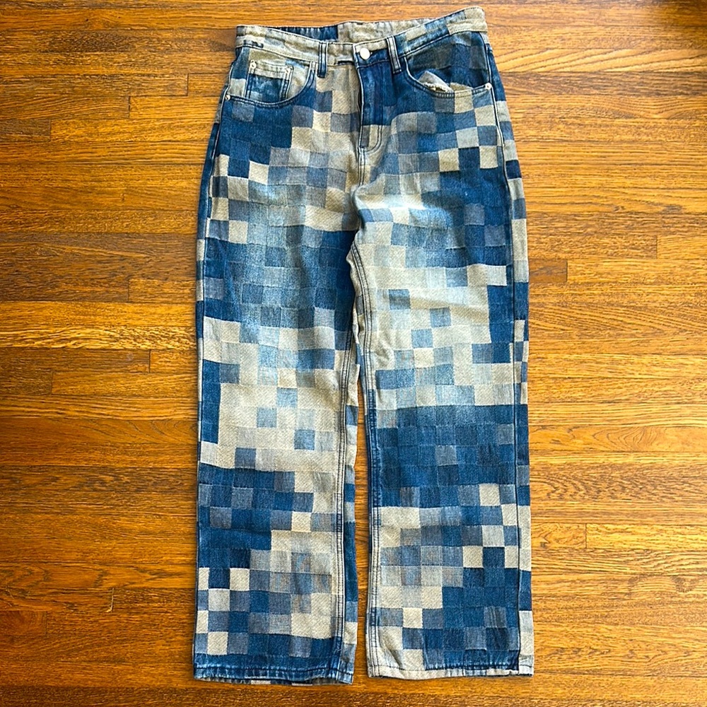 Supermade Men’s Blue Checkered Cotton Wide Leg Fit Jeans